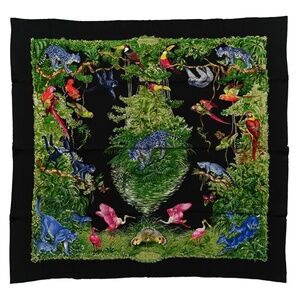 AUTHENTIC HERMES Silk Equateur Scarf 90 Black Vert Bleu / NWT BOX AND BAG